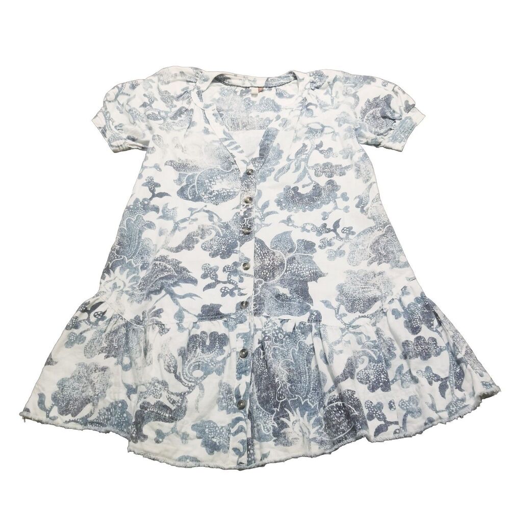 Pilcro Puff Sleeve Tunic Dress Women's Size XS Blue White Raw Hem Button Front